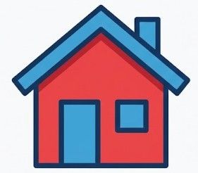 Red house icon with blue roof, door, window, and chimney.