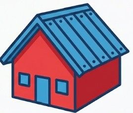 Red house with blue roof and trim. Two windows and a door are visible.