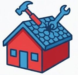 Red house with blue roof; a hammer and wrench are on the roof, representing home repair.
