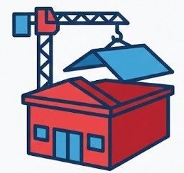 Construction crane placing a blue roof on a red building.