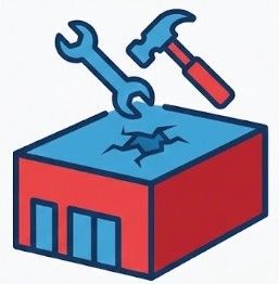 Red and blue building with cracked roof, wrench, and hammer.