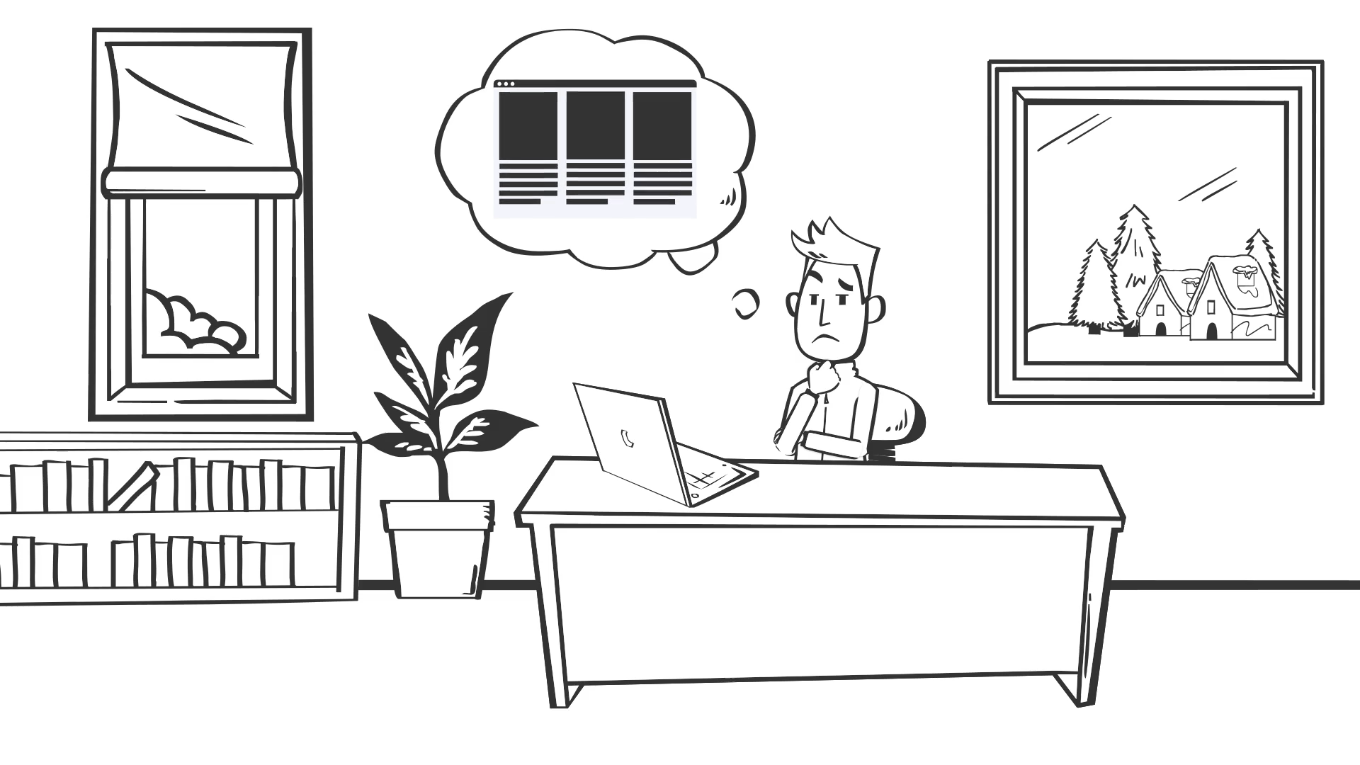 A black and white drawing of a man sitting at a desk with a laptop.