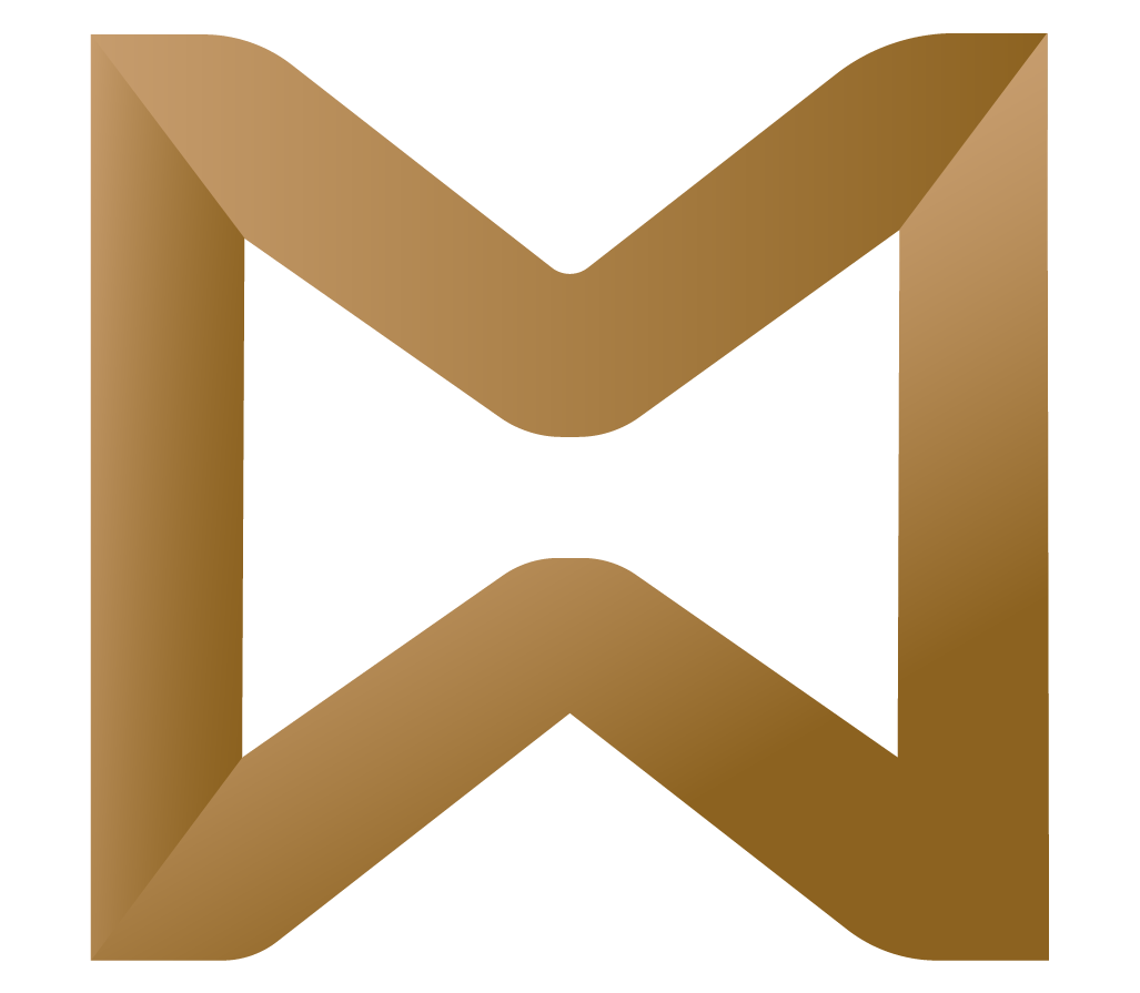 A gold letter m with a white background