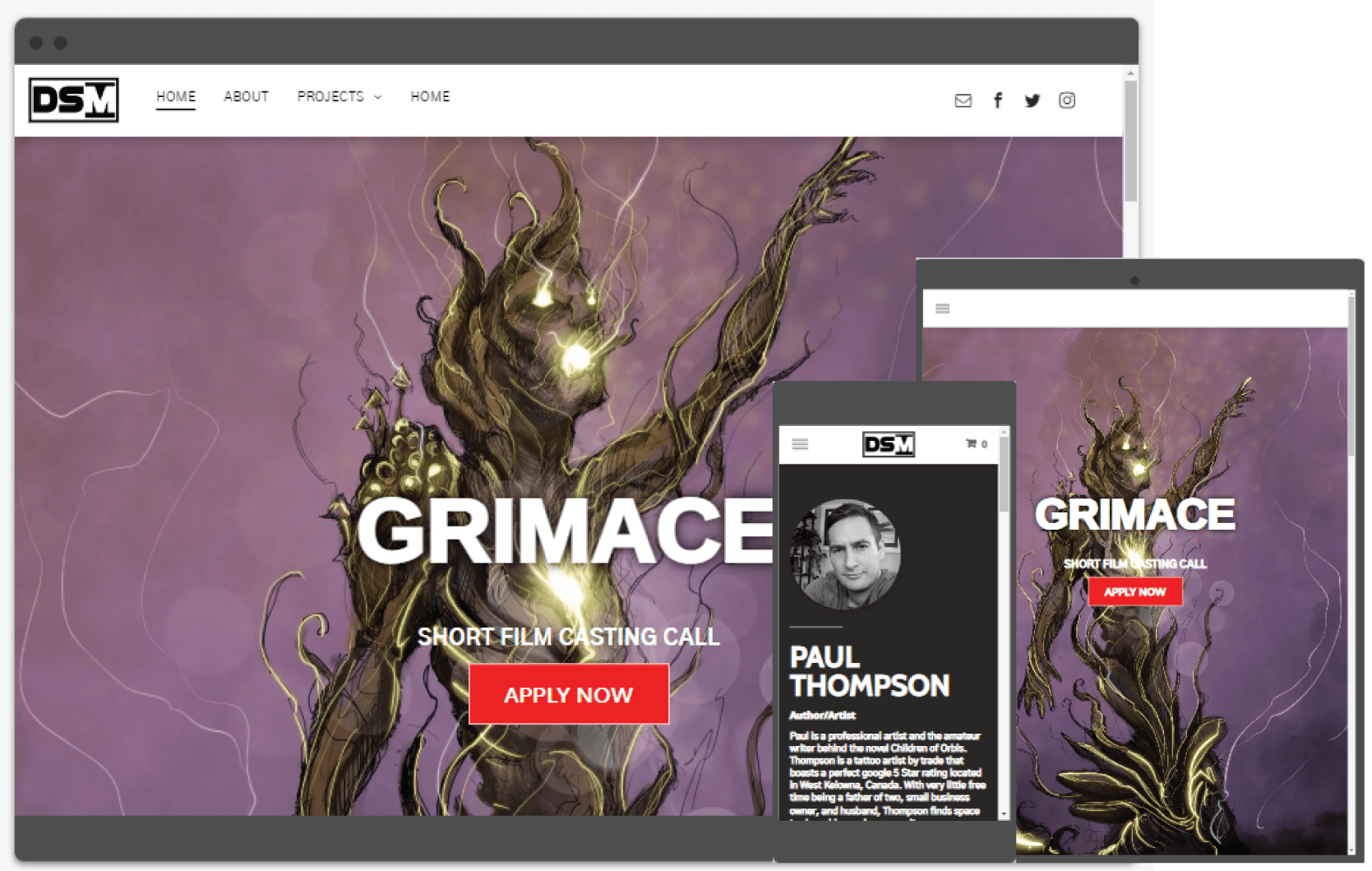 A computer , tablet , and phone displaying a website for grimace.