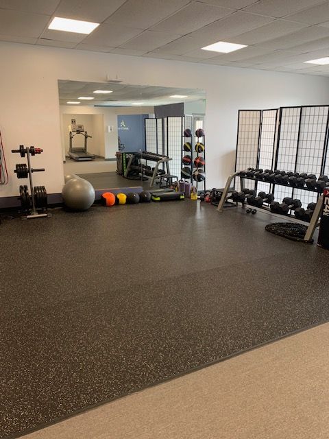 A gym interior with exercise equipment: dumbbells, weights, exercise ball, treadmill, and privacy screens.
