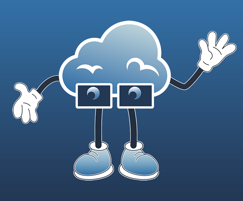 A cartoon cloud with arms and legs wearing glasses