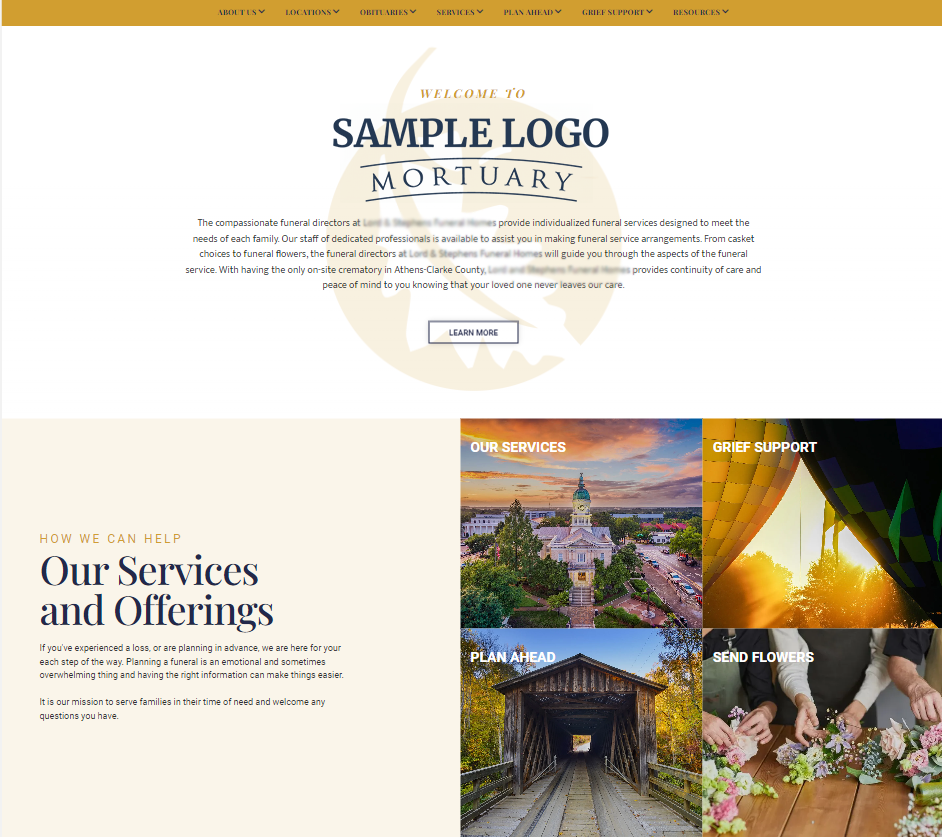 A screenshot of a website for a mortuary showing their services and offerings.
