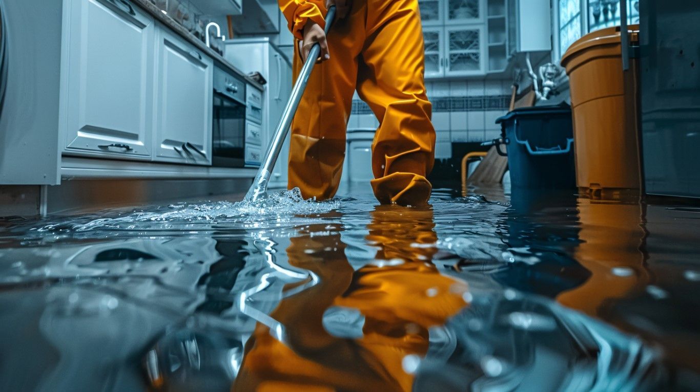 An image of a worker cleaning a flooded kitchen.