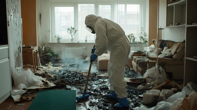 An image of a worker in a hazmat suit sweeping toxic debris in a living room of a residence.