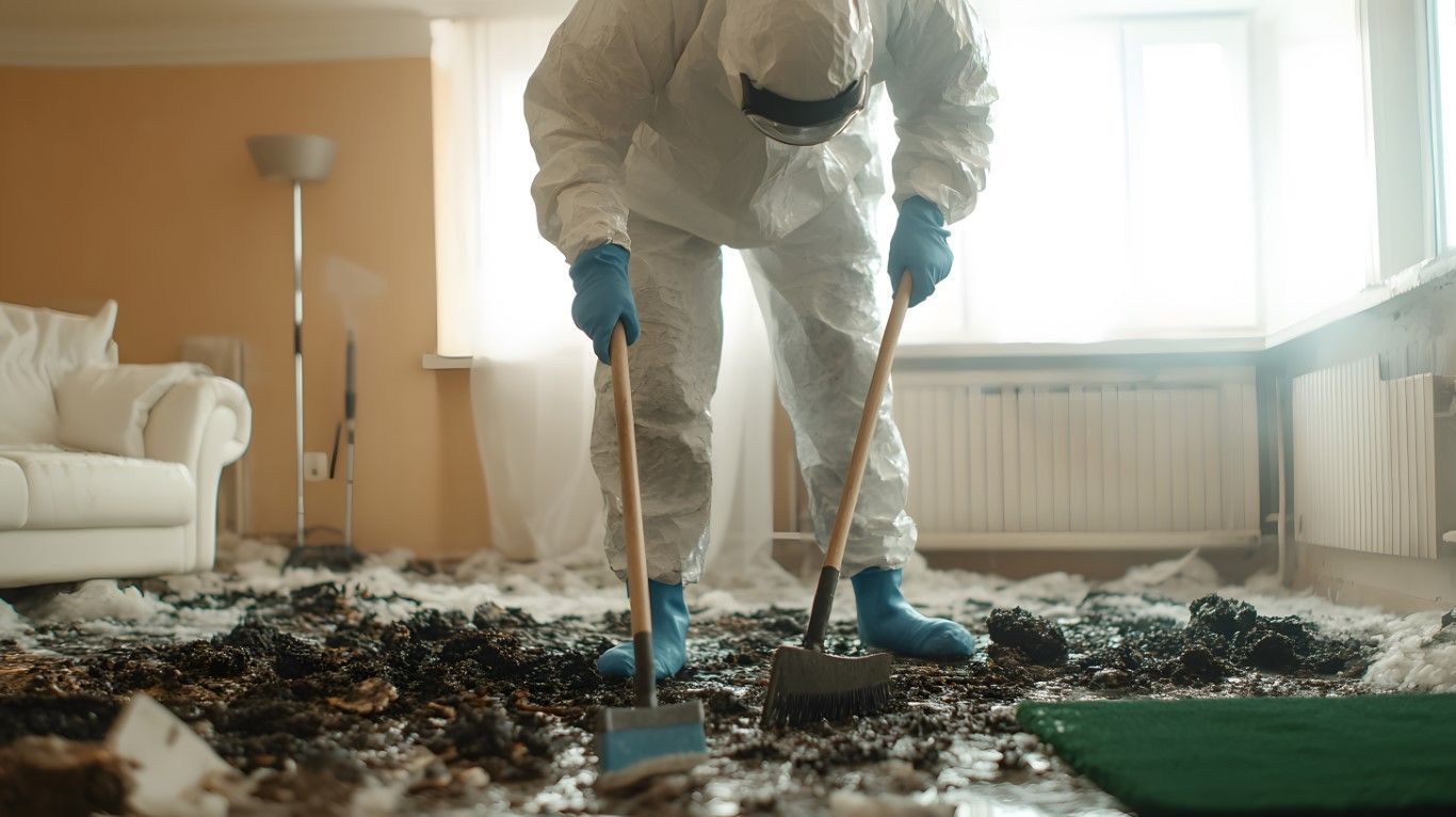 An image of a worker in a hazmat suit sweeping fire damage in a living room.