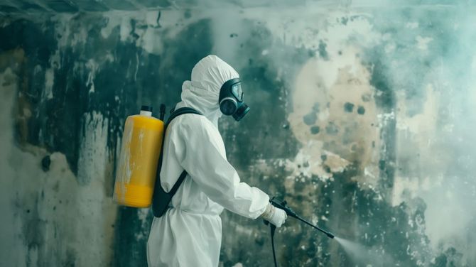 An image of a worker in a hazmat suit spraying a contaminated moldy wall.