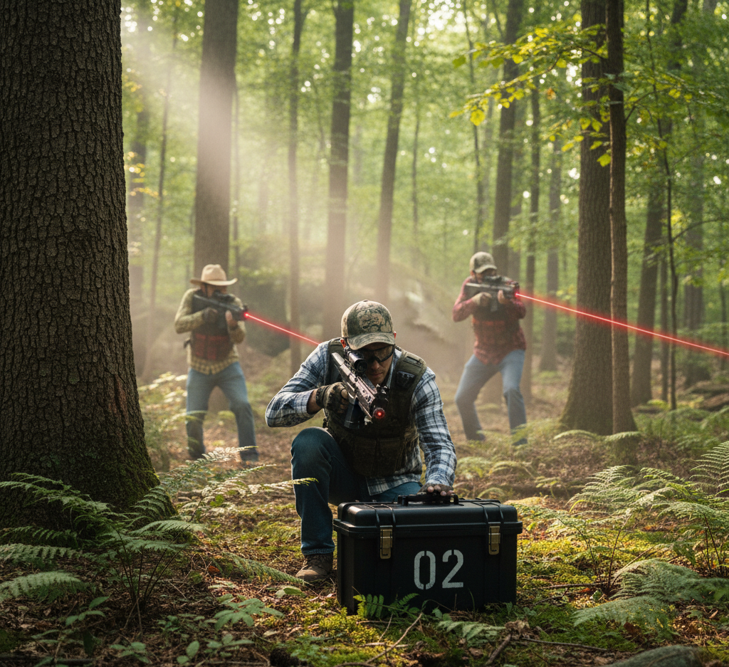 Three people in a forest, one kneeling by a box labeled 