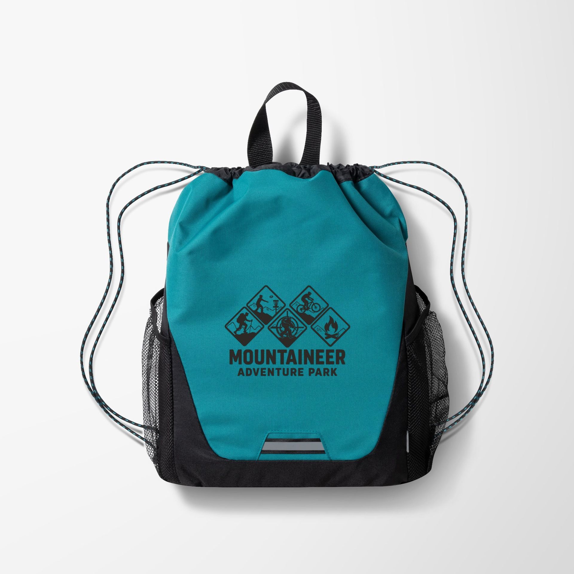 A teal drawstring backpack with black mesh side pockets and a 