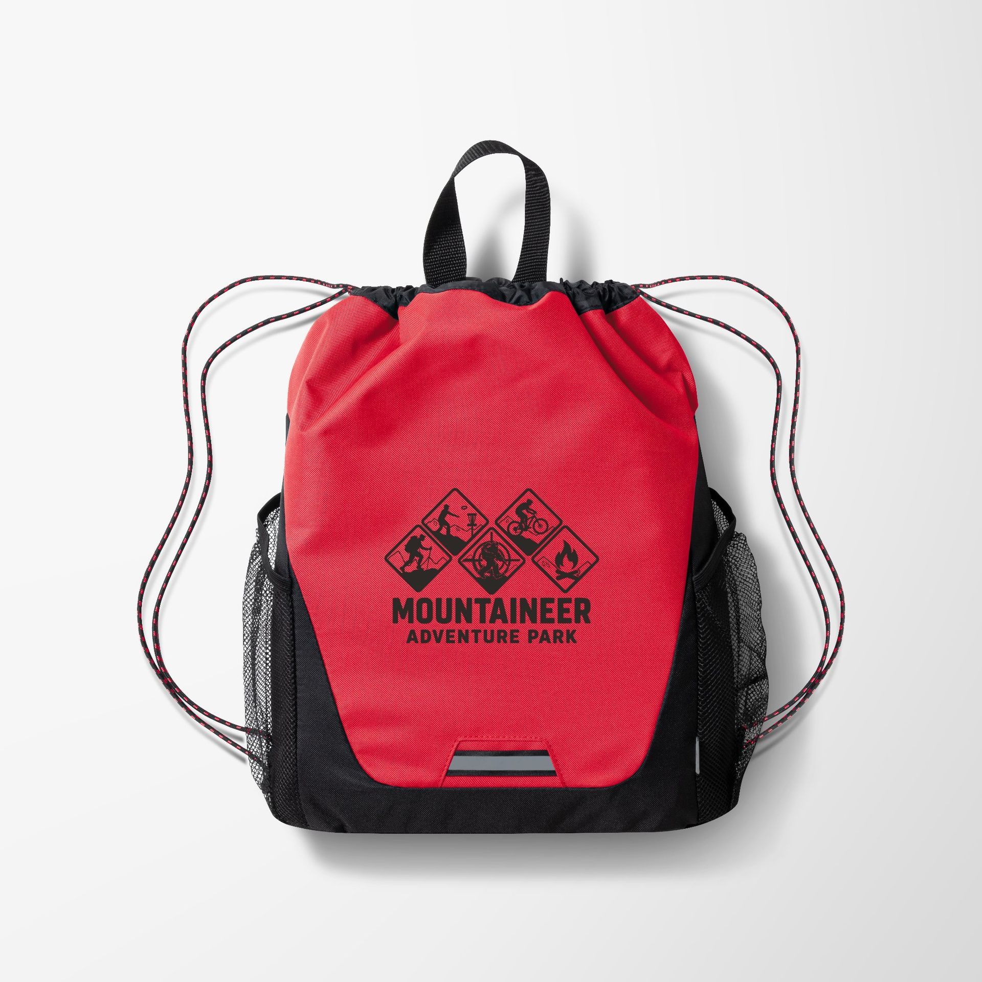 A red and black drawstring bag with the logo 