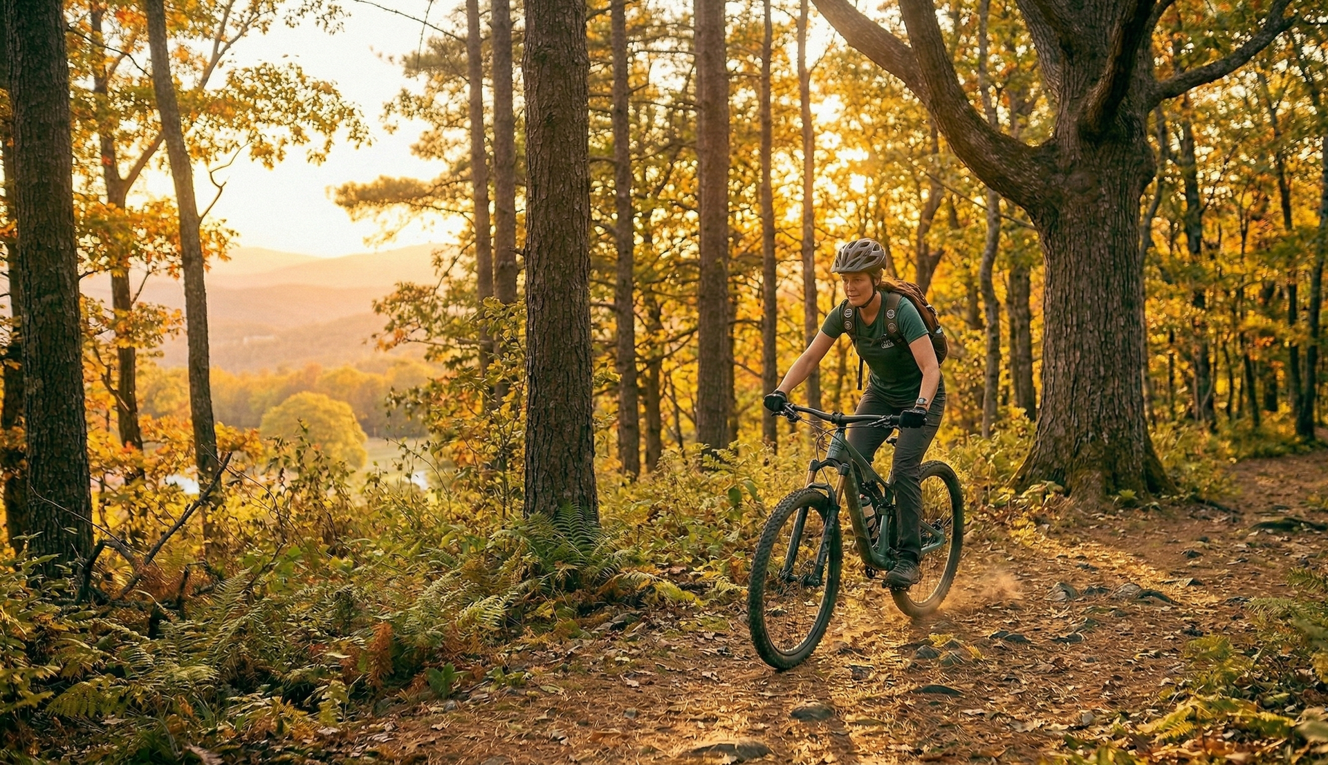 A person mountain biking on a dirt trail through a sunlit, autumnal forest at sunset.