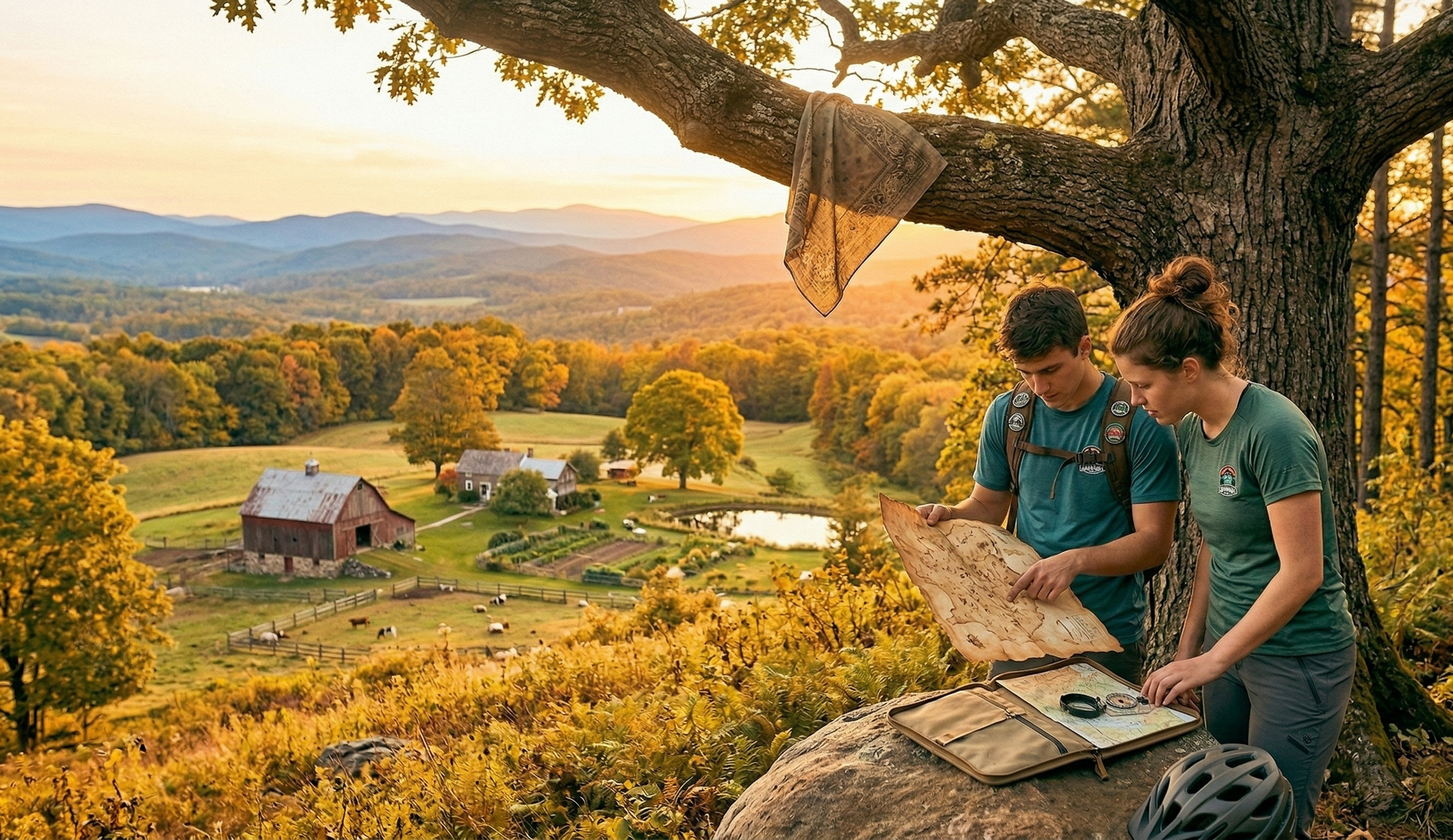 Two people study a map on a large rock under a tree, overlooking a scenic valley with a farm and autumn trees at sunset.