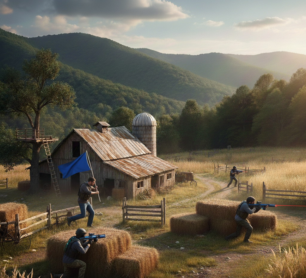 People play a tactical game with blue toy guns and a blue flag in a field with a barn, hills, and hay bales.