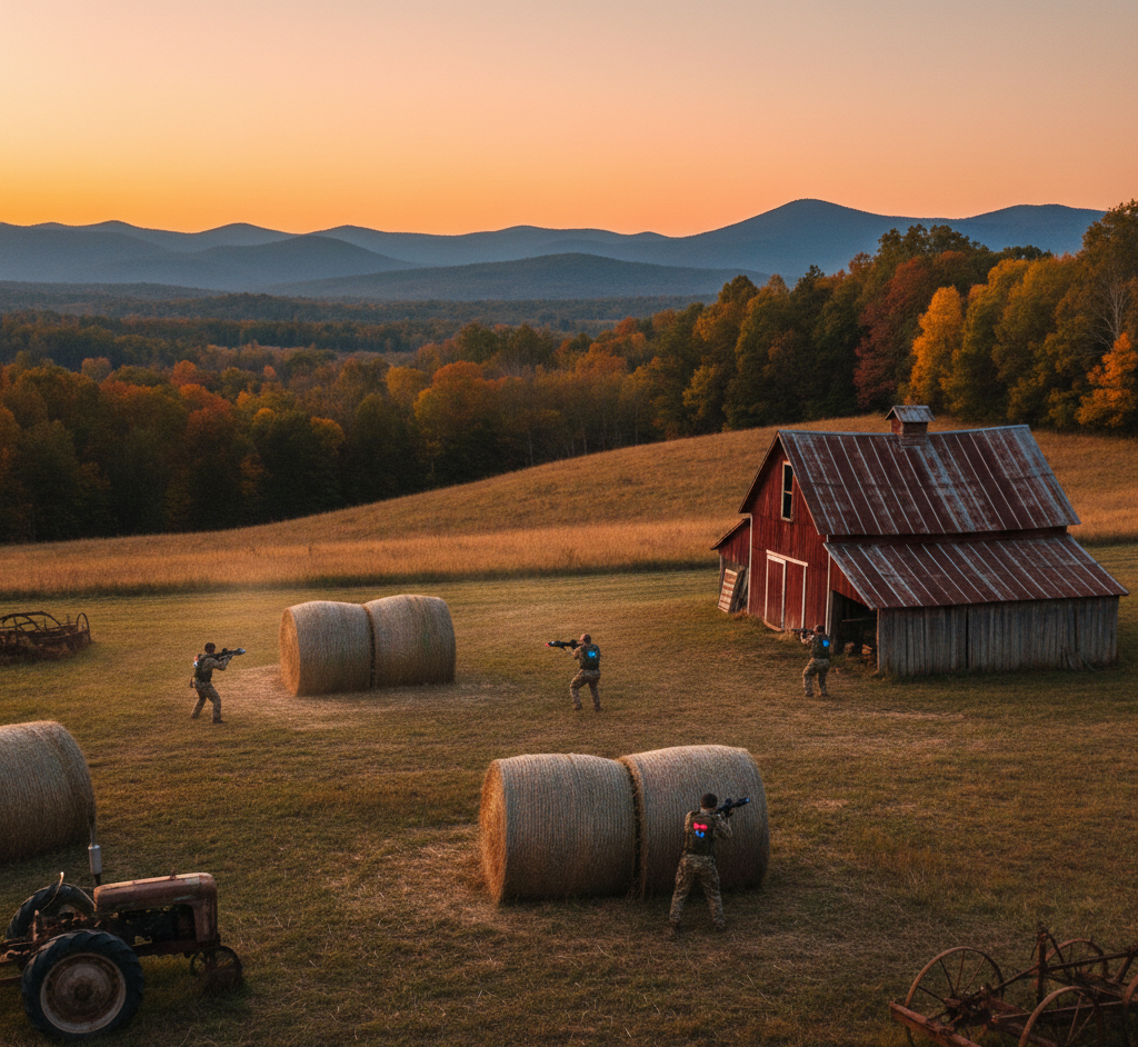 Four figures in tactical gear patrol a field with hay bales and a red barn at sunset with distant mountains.