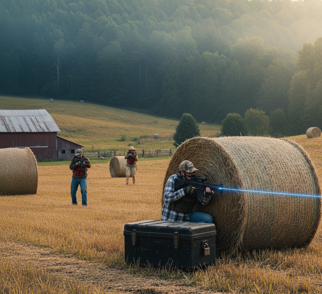 A person aims a camera from behind a large hay bale in a field, with two others walking in the background near a barn.