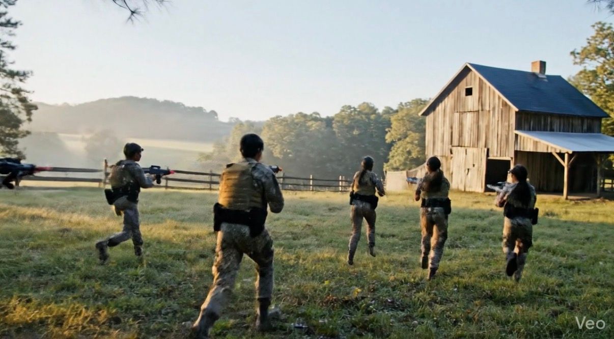 A group of people in tactical gear runs across a grassy field toward a rustic wooden barn during the morning.
