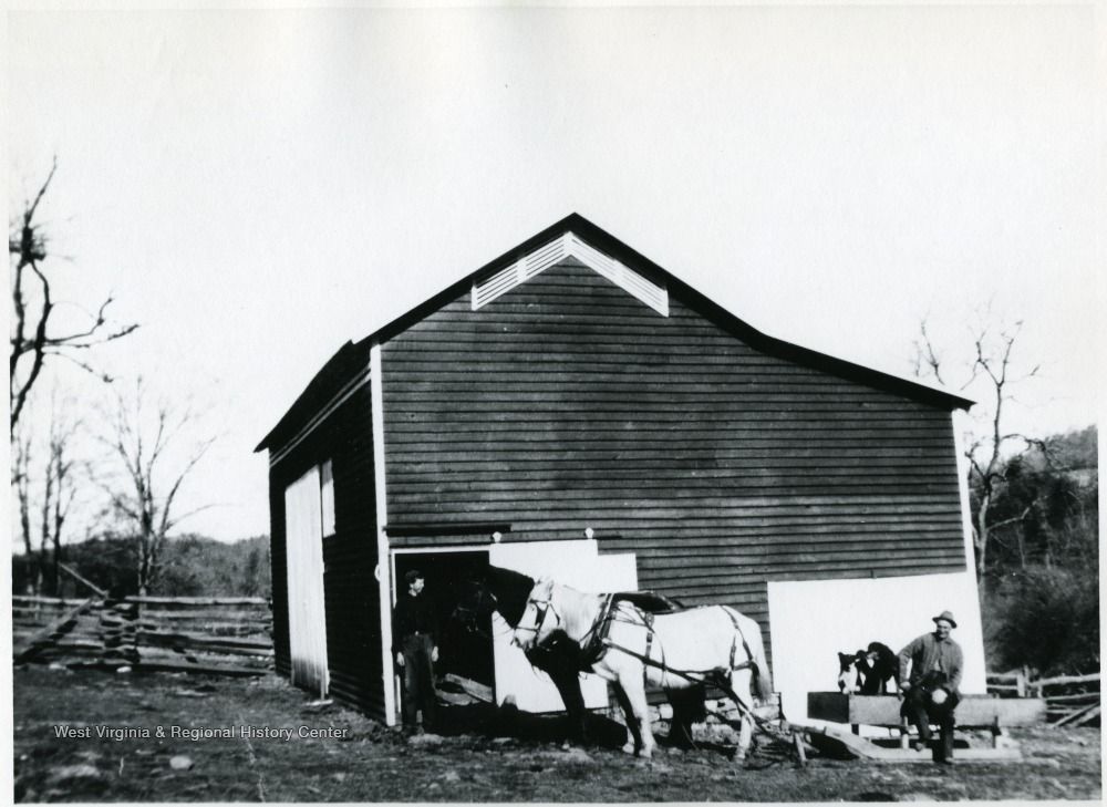 A horse with a harness stands by a barn doorway, while a person sits on a trough nearby in a rural, outdoor setting.