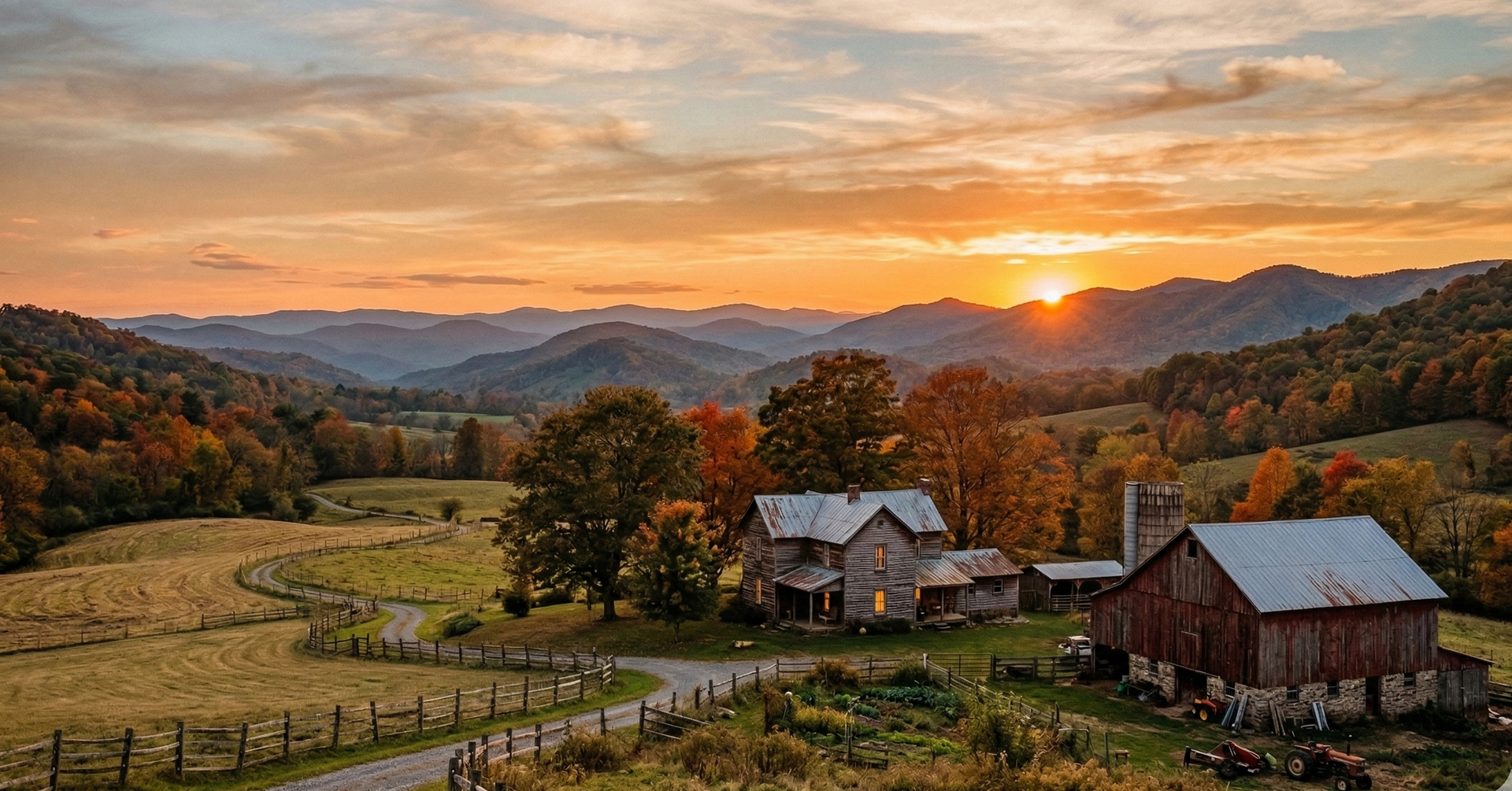 A farmhouse and barn in a golden autumn valley at sunset, surrounded by rolling hills and trees with fall foliage.