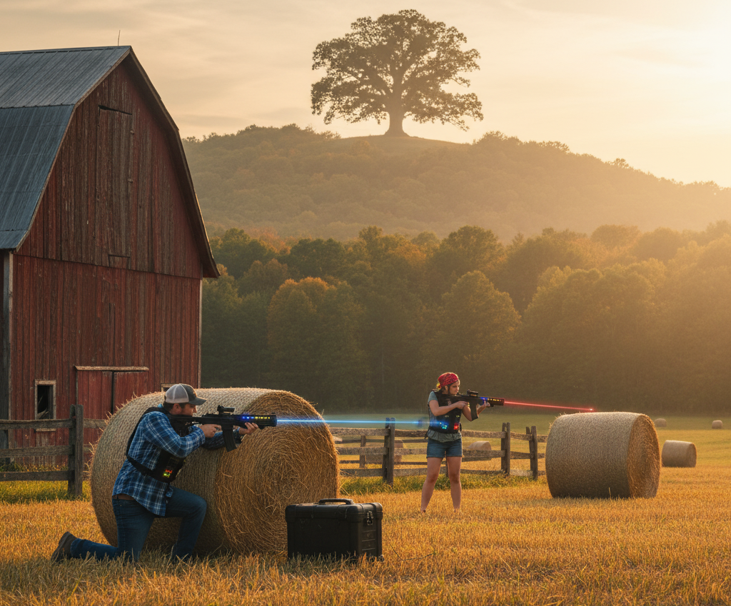 Two people in a field with hay bales and a barn, shooting colorful beams of light toward each other in a rural setting.