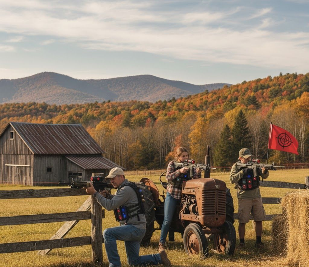 Three people with tactical gear and rifles in a field with a tractor, a barn, and a red flag with a target symbol.