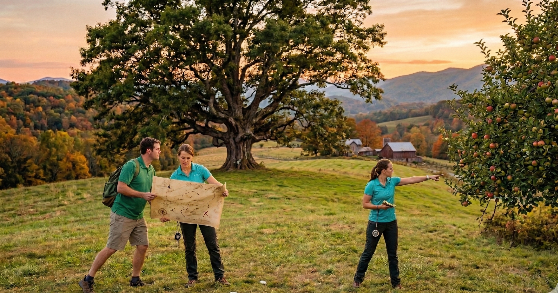 Two people examine a map while a third points toward an apple tree in a grassy field with a large tree and sunset sky.