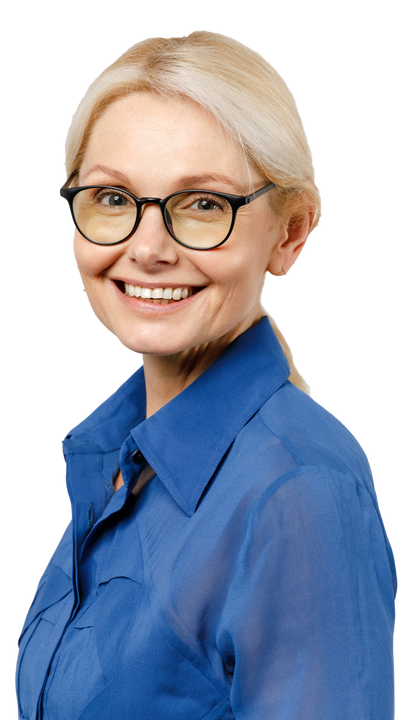 Side view of blonde successful confident employee business woman 40s in blue classic shirt glasses formal clothes look camera isolated on white background studio portrait. Achievement career concept