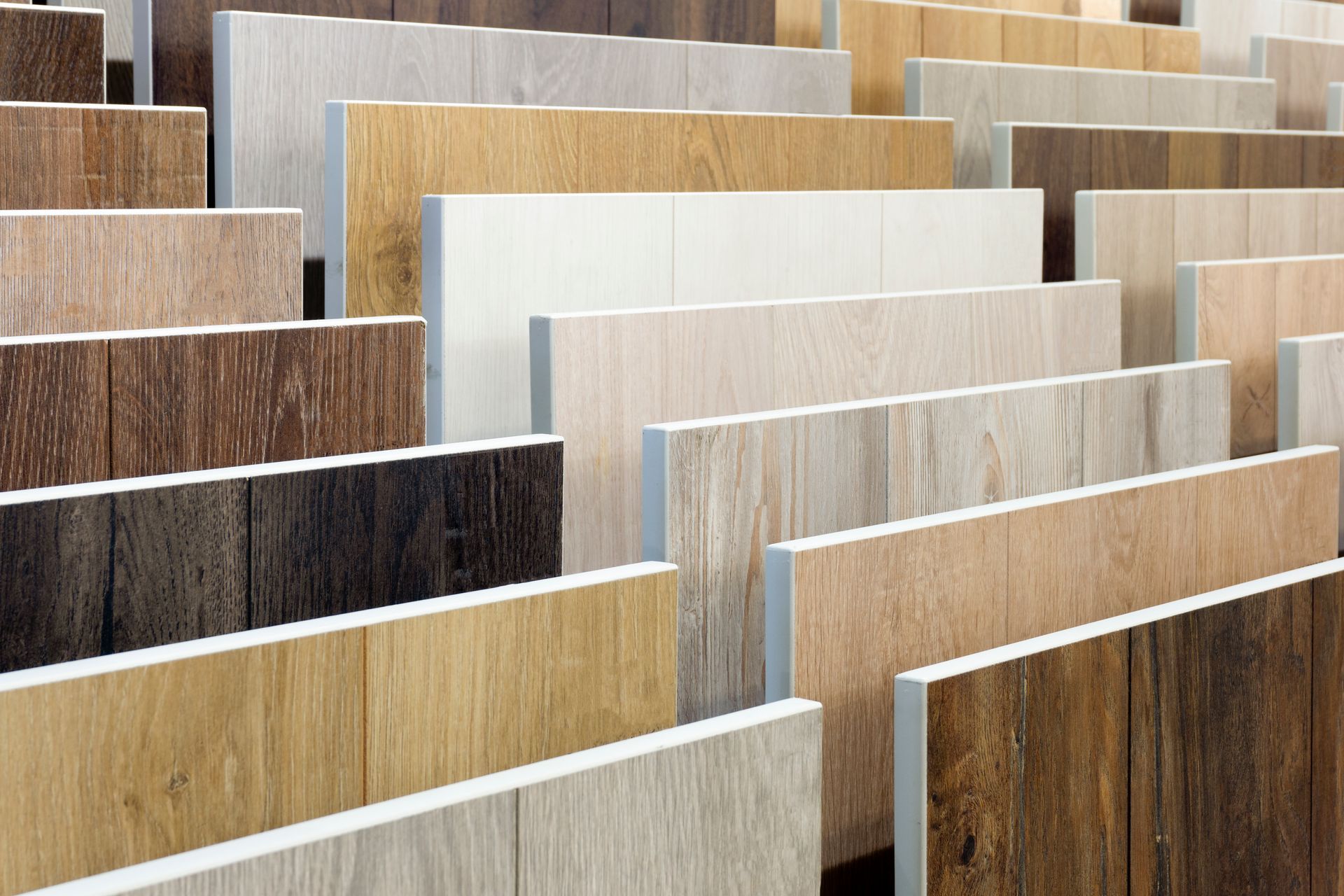 A display of different types of wood in a store.