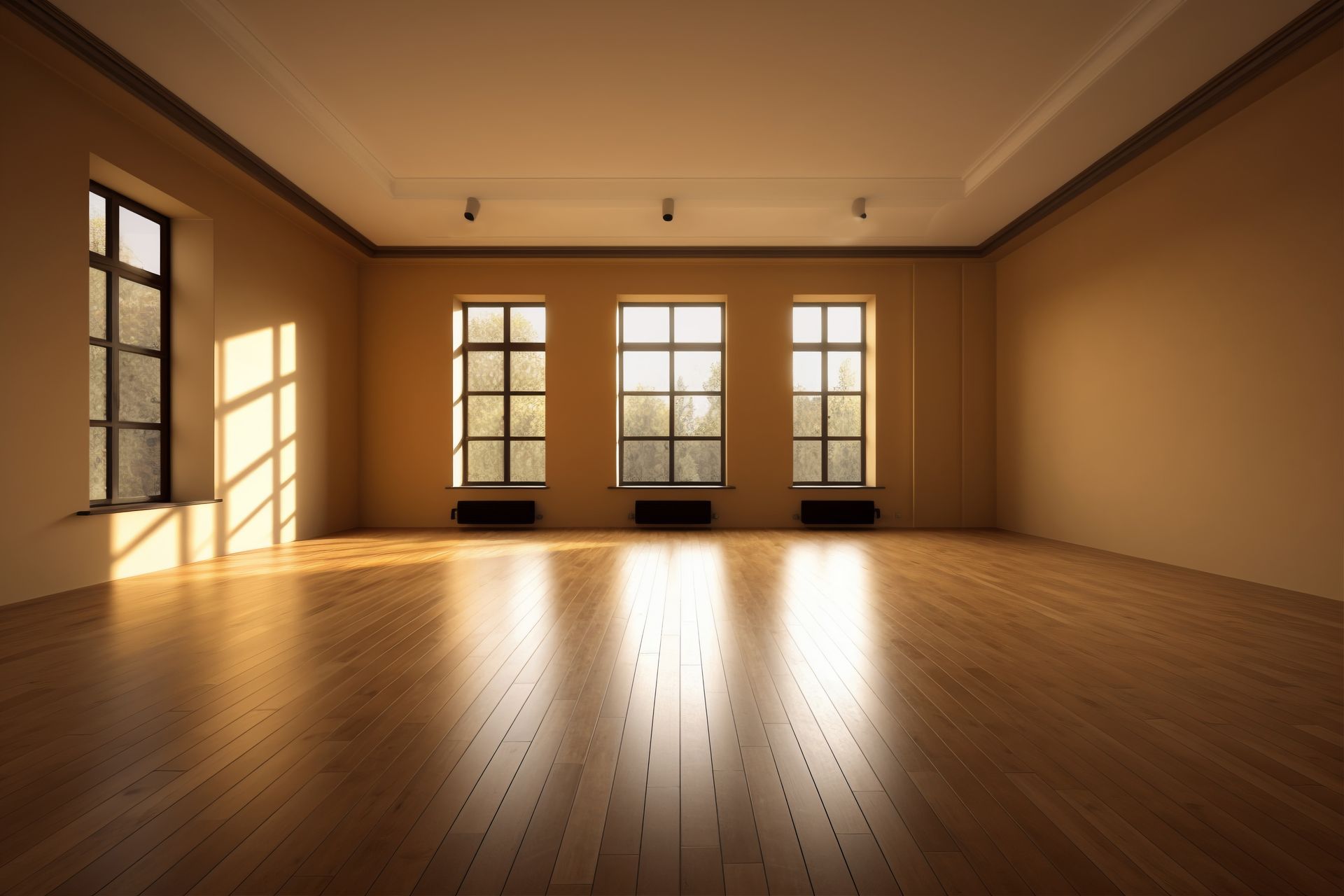 An empty room with hardwood floors and three windows