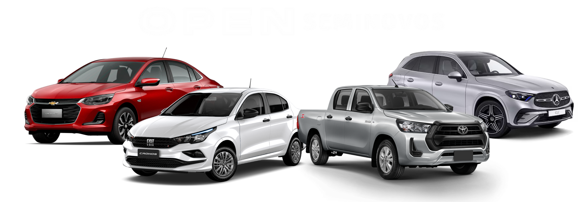 um grupo de carros está sentado um ao lado do outro em um fundo branco com a Logo Marca da Grupo Open Seminovos