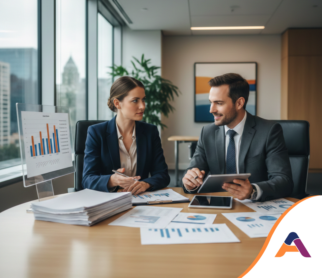 Deux hommes d'affaires examinent des données financières dans un bureau, à l'aide de graphiques et d'une tablette.