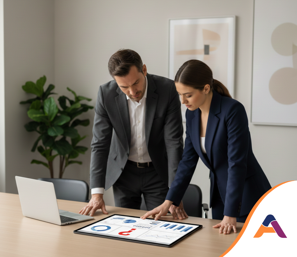 Deux hommes d'affaires consultent une tablette affichant des graphiques dans un environnement de bureau.