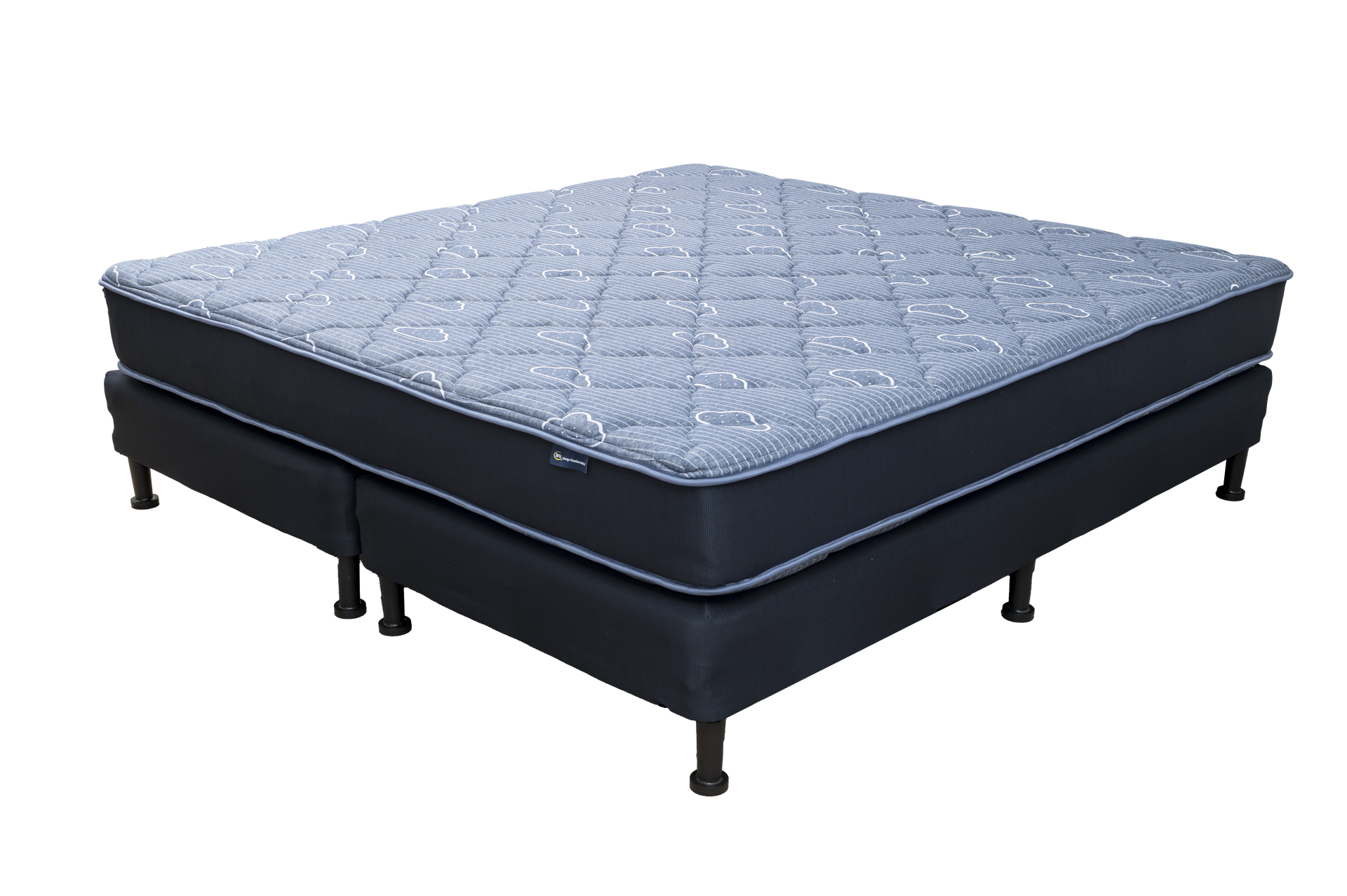 Juego de colchón con estampado azul y blanco sobre una base azul oscuro con patas negras.