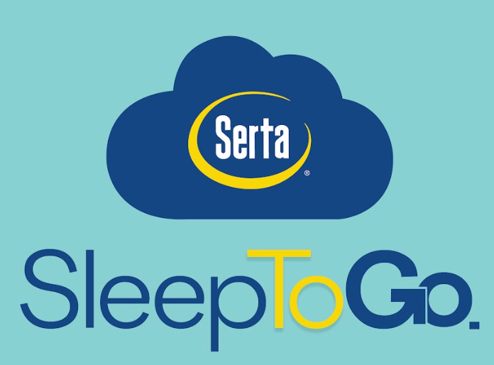 Logotipo de Serta Sleep To Go. Una nube blanca con el logotipo de Serta sobre las palabras