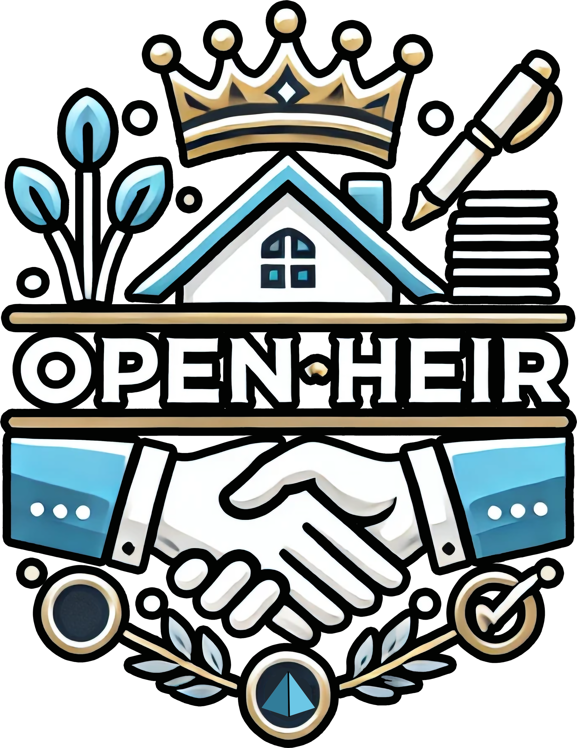 OPEN-HEIR logo with crown, handshake, house, pen, and decorative leaves