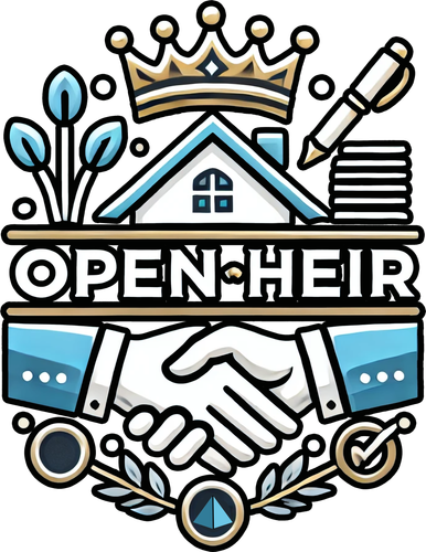 OPEN HEIR logo with crown, house, handshake, pen, and blue-accented decorative elements