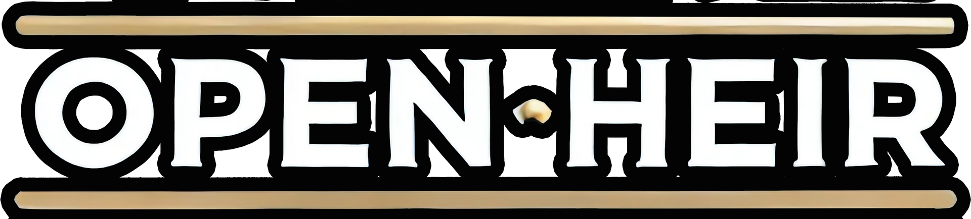 OPEN HEIR logo in bold black text with a ring-like emblem on the left, outlined in beige and white