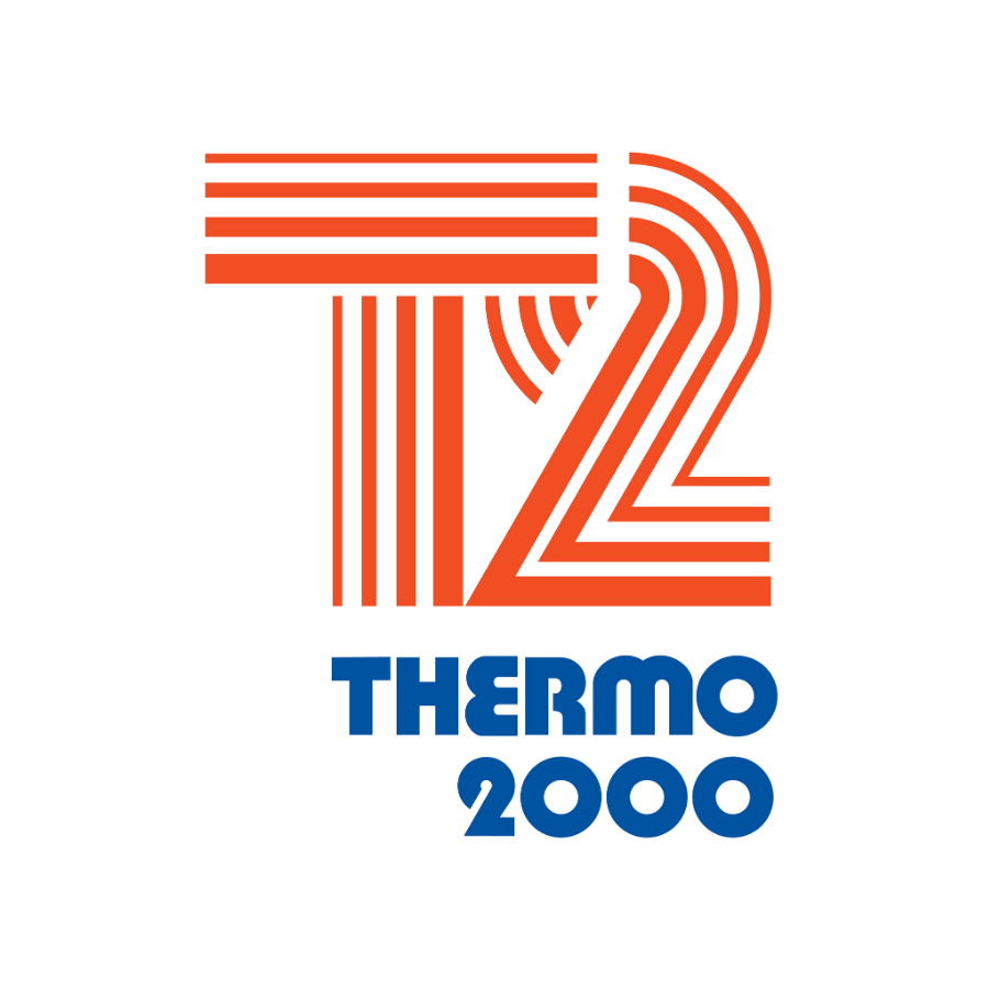 A logo for thermo 2000 with a t2 in orange and blue