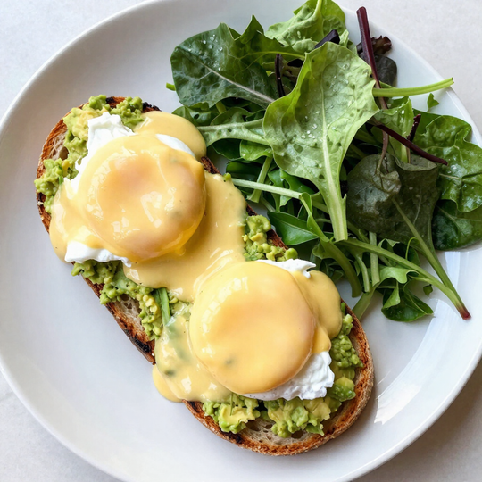 Colorful brunch plate with poached eggs and hollandaise