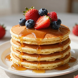 Fluffy pancake stack with maple syrup