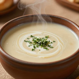 Steaming soup in rustic ceramic bowl