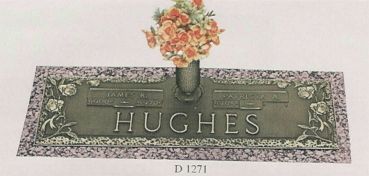 a grave marker for hughes with a vase of flowers