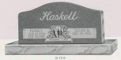 a black and white photo of a gravestone for frank and susan haskell .