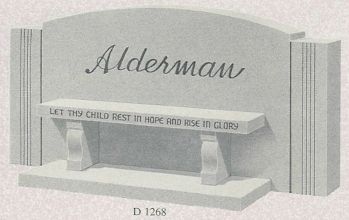 a gravestone with a bench and the name alderman on it .