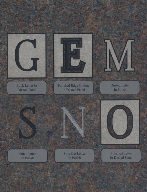 the letters gem sno and skin cut letter are shown