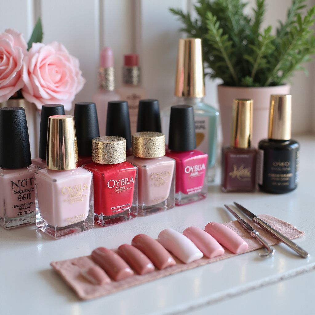 Nail polish bottles in various pink, red, and nude shades, arranged with manicure tools and sample nails.