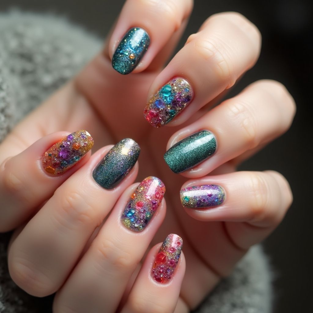 Close-up of hand with colorful, sparkly nail art in jewel tones, on a gray background.